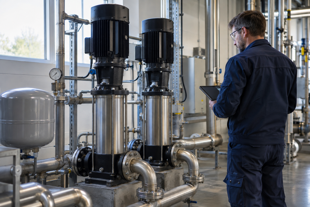 Inspeção de bombas verticais Grundfos em instalação industrial